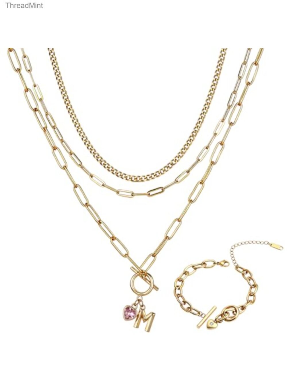 14K Gold Plated Necklace Set - Layered Chain, Initial OT Buckle Necklace,